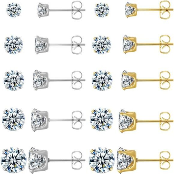 Stud earrings set gold silver hypoallergenic zirconia waterproof 10 pairs - Picture 1 of 7